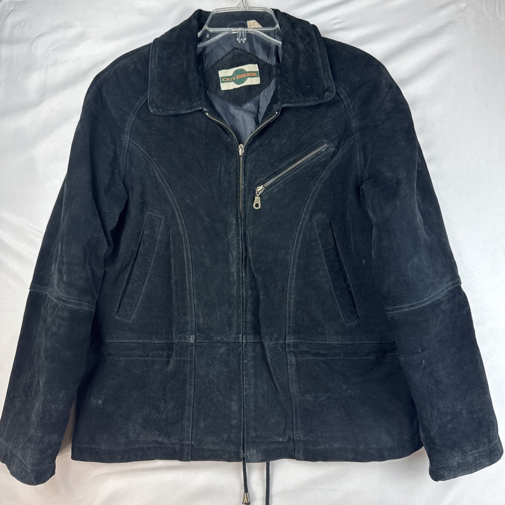 Out Brook Genuine Leather Jacket Men Medium Black Zip Front Lined‎ Drawstring